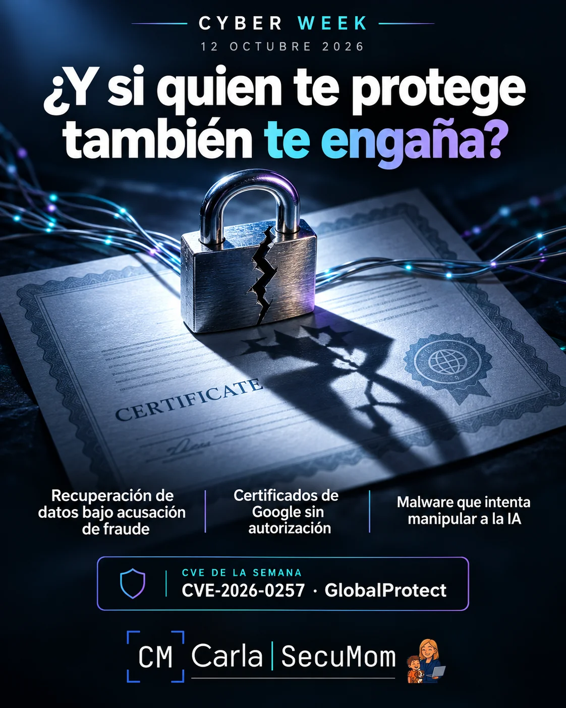Portada Cyber Week: un candado fracturado sobre un certificado, las tres historias y CVE-2026-0257 de GlobalProtect, con el logo de Carla SecuMom